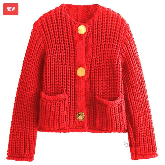 Sweaters - Cropped Cardigan Chunky Knit Open Front Button Down Oversized Y2K Chic